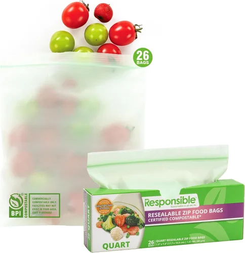 Vista 9 de Responsible Products Bolsa con cremallera resellable de gran galón compostable certificada, bolsas de alimentos extra resistentes, hechas