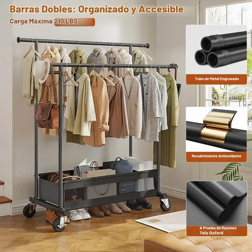 Vista 2 de Perchero de ropa con doble varilla, perchero para colgar ropa, perchero con cesta de almacenamiento y ruedas resistentes, perchero para dormitorio