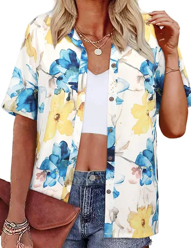 Vista 10 de LILYCHIC Camisas hawaianas de verano con botones de coco para mujer, camisas suaves con botones de manga corta A-hoja floral negra