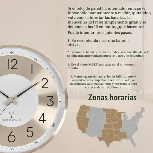 Vista 7 de Reloj de pared analógico atómico de 14 pulgadas, funciona con pilas, reloj de pared controlado por radio, juego automático de reloj de pared