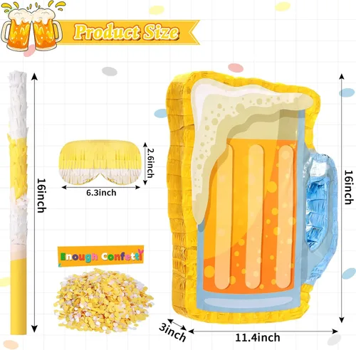 Vista 2 de Sratte Piñata de cerveza con palo y venda de los ojos con confeti, taza de vidrio para colgar, decoración mexicana para cumpleaños, despedida