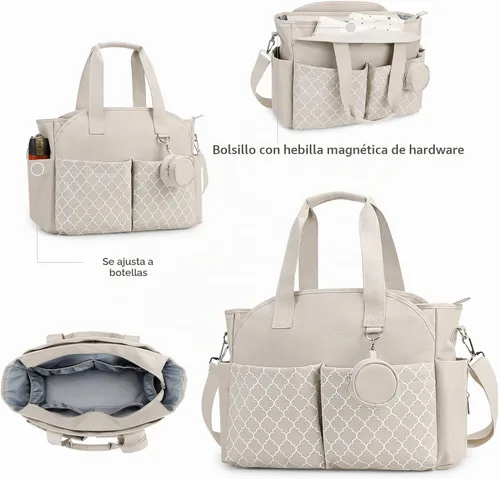 Vista 8 de Lmbabter Bolsa de pañales con cambio de estación de cambio Bolsa de bebé multifunción con correa de hombro ajustable Beige