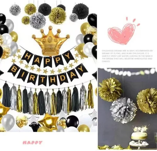 Vista 2 de BRZIKWT 12 pompones de papel de seda de punto ondulado degradado negro y dorado para fiesta, techo, colgar en la pared, decoración de flores