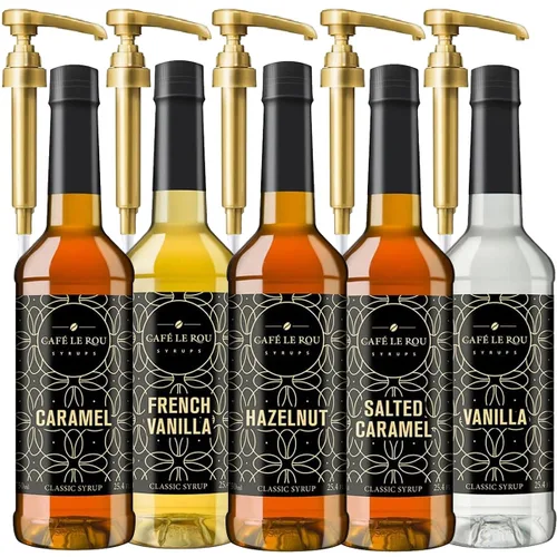 Vista 15 de Jarabe clásico de azúcar de caña Café le Rou - 750 ml, paquete de 2 con 2 dispensadores de bomba dorados