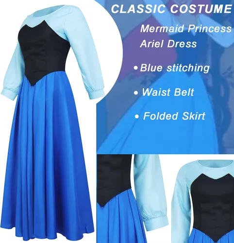 Vista 2 de Ariel Costume for Women Dress Princess Mermaid Cosplay Adult Halloween Classic Film Dress Up Masquerade Set
