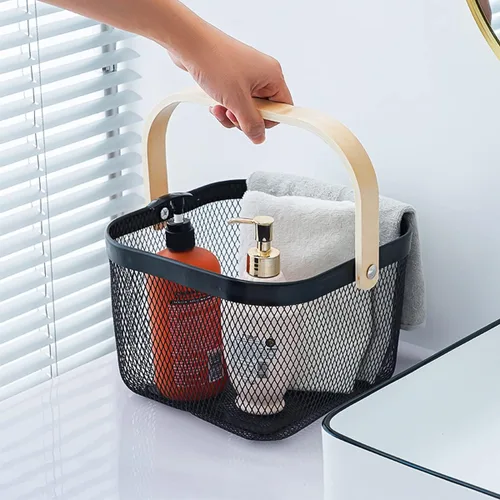 Vista 7 de Cesta organizadora de almacenamiento de malla de acero, cesta de frutas con mango de madera, ideal para cocina, baño, cestas de picnic, despensa