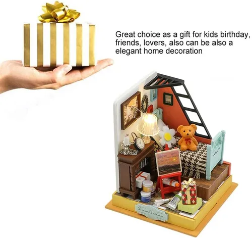 Vista 5 de Kit de casa de muñecas en miniatura de bricolaje, casa de muñecas de madera con LED, kit de construcción de casa pequeña para regalo de cumpleaños