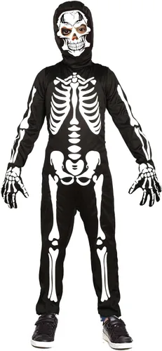 Vista 3 de Disfraz de esqueleto para niños que brilla en la oscuridad, disfraces aterradores de Halloween para niños (negro, 12-14 años)