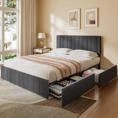 Vista 10 de Gizoon Base de cama matrimonial tapizada con 4 cajones de almacenamiento, cabecera ajustable, sin ruido, soporte de listones de madera, se adapta a