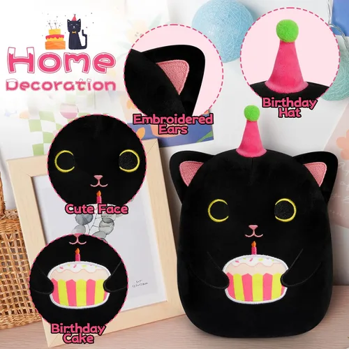 Vista 2 de Peluche de gato negro de 8 pulgadas con pastel, lindo regalo de cumpleaños negro para niñas, niños y gatos, decoración de la habitación del hogar