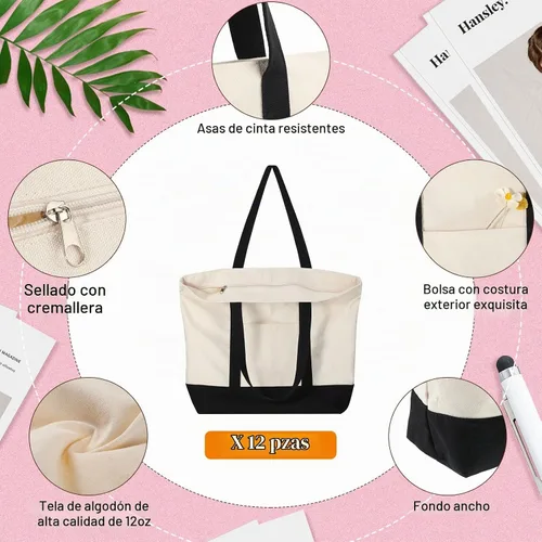 Vista 6 de Sherr Bolsa de lona a granel con bolsillo exterior, 21 pulgadas, bolsas de playa grandes de algodón con cremallera, bolsas de compras lavables