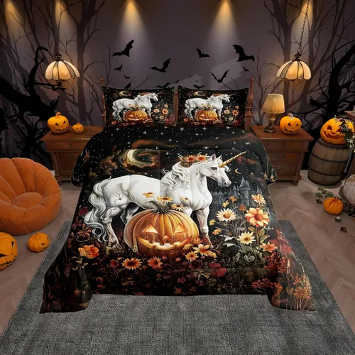 Vista 22 de Castle Fairy Happy Halloween - Juego de edredón para niños, tamaño Queen, juego de ropa de cama con diseño de fantasmas de dibujos animados rosa