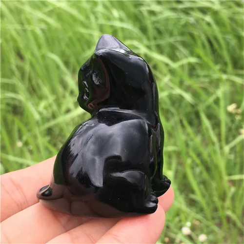 Vista 7 de Figura de gato de obsidiana negra de 2.2 pulgadas, diseño de gato negro, decoración del hogar, piedra natural, estatua de animal, cristales