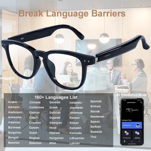 Vista 6 de Lentes inteligentes AI, lentes de traducción Bluetooth anti luz azul con 164 llamadas manos libres y audio, lentes de sol inteligentes