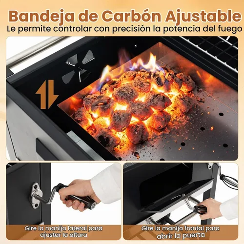Vista 4 de Giantex Parrilla de carbón con estante lateral plegable, parrilla de barbacoa al aire libre con bandeja de carbón ajustable, termómetro, estantes