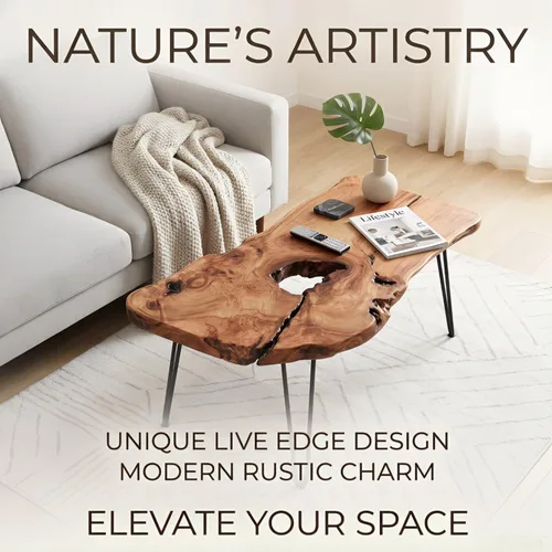 Vista 3 de Mesa de centro única de madera natural con borde vivo para sala de estar, madera maciza hecha a mano, diseño único con forma orgánica