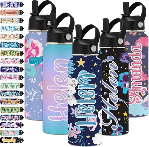 Vista 2 de Botella de agua aislada personalizada para niños, botella de agua personalizada con nombres, botella de agua de acero inoxidable con tapa de popote
