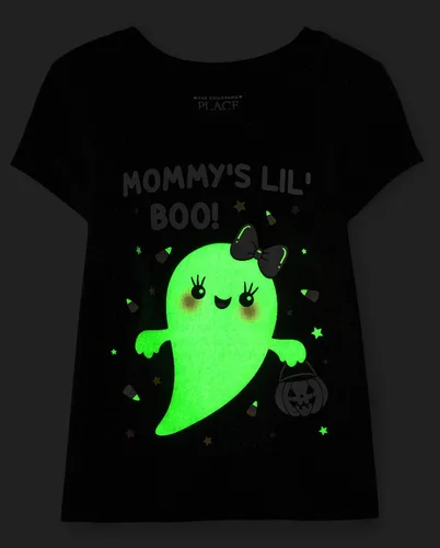Vista 2 de The Children's Place Camiseta gráfica de manga corta de Halloween para bebés y niños pequeños, Mommys Lil Boo, 4T, Mommys Lil Boo