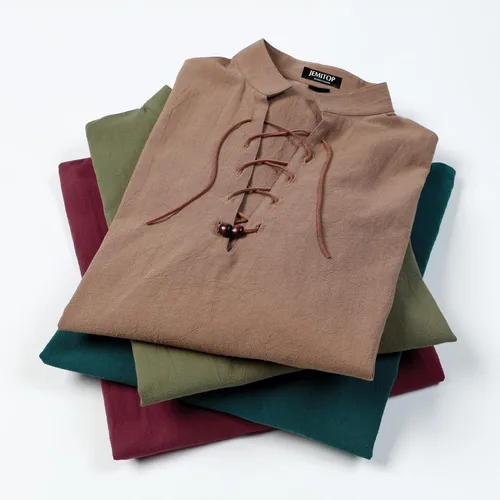 Vista 12 de JEMITOP Men's Pure Cotton Renaissance Lace Up Shirt Verde militar