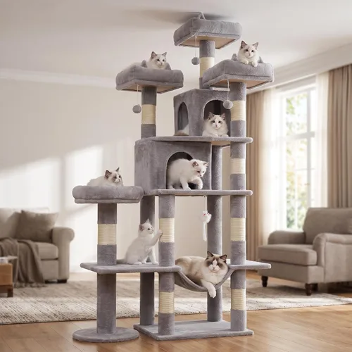 Vista 11 de PMT03BW - Árbol para gatos de interior, torre grande de 71 pulgadas con poste rascador y percha superior, hamaca, condominio para gatos adultos