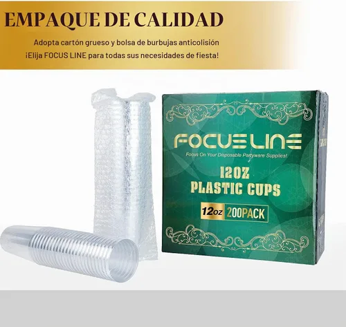 Vista 6 de FOCUSLINE Paquete de 200 vasos de plástico transparente de 12 onzas, vasos desechables vasos reutilizables de plástico, vasos transparentes