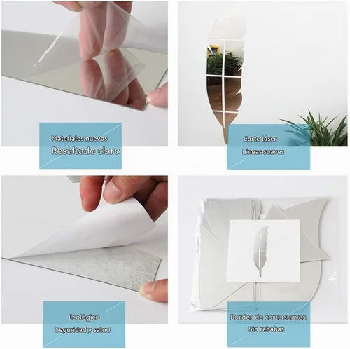 Vista 3 de SITAKE Adhesivos decorativos de pared de espejo acrílico 3D, 11.8 x 49.2 pulgadas, con forma de plumas, calcomanías de arte de pared autoadhesivas