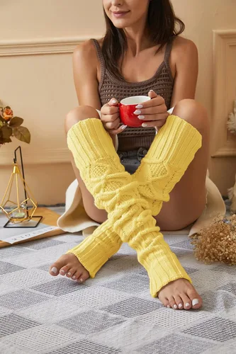 Vista 3 de Leoparts Calentadores de piernas con estribo extra largos para mujer, calcetines de punto por encima de la rodilla hasta el muslo sin pies