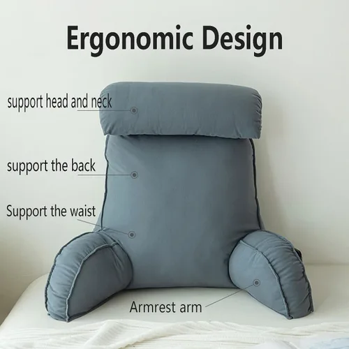 Vista 2 de Almohada de lectura con reposabrazos, almohada de apoyo para el respaldo, cojín de apoyo lumbar, con soporte para el cuello, con bolsillo, para Gris