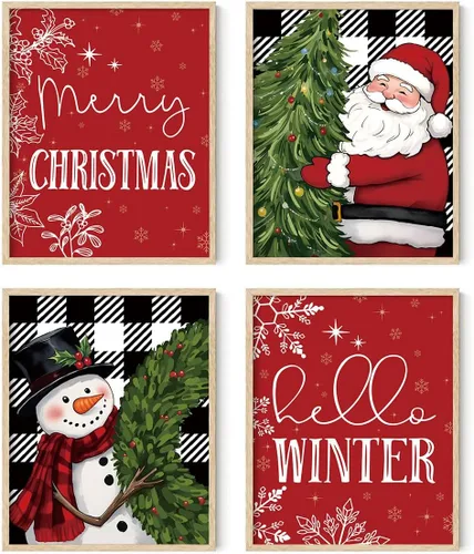 Vista 8 de XYDEG Conjunto de 4 Impresiones de Arte Navideño para Pared, Impresiones Navideñas, Hola Invierno Vintage Santa Navidad Muñeco de Nieve Búfalo