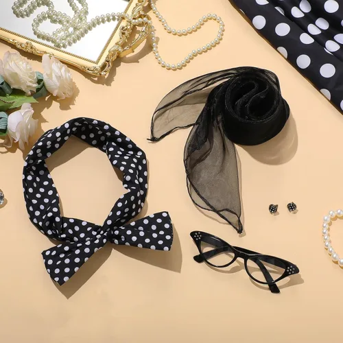 Vista 3 de Hicarer 5 Pcs 50s Women Halloween Costume 1950 Poodle Skirt Sock Hop Accessory Outfit Scarf Glasses Bandana Headband Earring