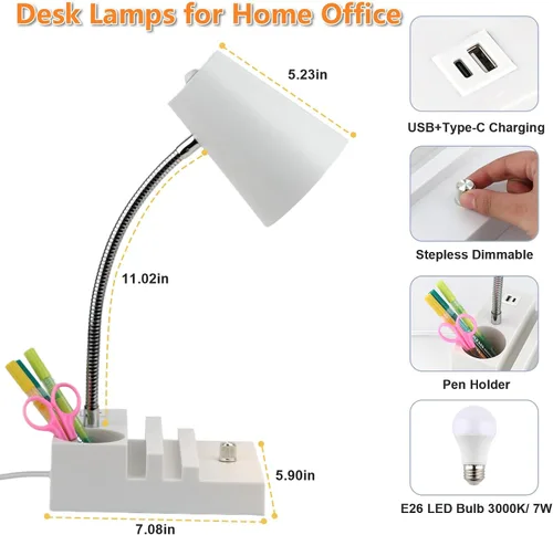 Vista 2 de LALISU Lámpara de escritorio de estudio con carga USB y luz nocturna tipo C, lámpara de mesa LED de cuello de cisne con atenuación continua, lámpara