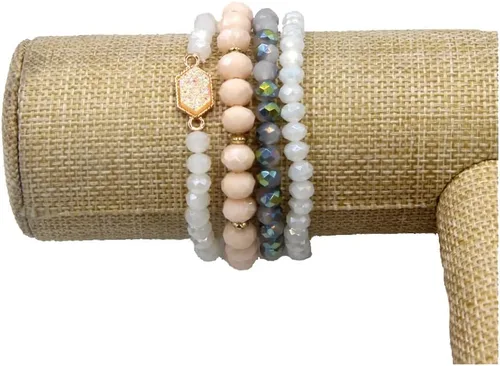 Vista 8 de Juego de pulseras de cuentas doradas, pulseras apilables con cuentas hexagonales cuadradas y drusas elásticas