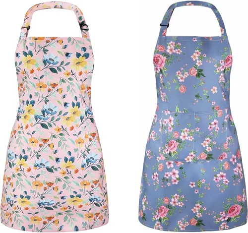 Vista 8 de 2 Pack Floral Apron, Adjustable Waterproof Aprons with 2 Pockets Cute Apron for Kitchen, Baking for Mom Wife Sister