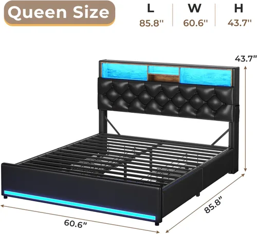 Vista 2 de HAUOMS - Base de cama Queen con cabecero y 4 cajones, tapizado de poliuretano negro Pu Negro