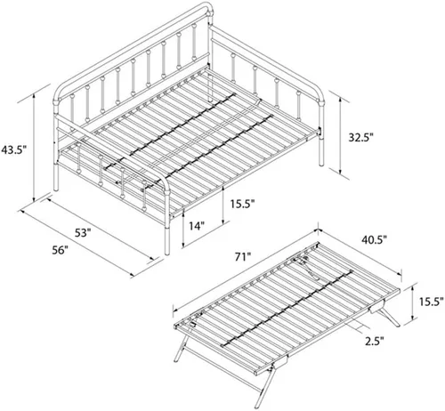 Vista 3 de BOWERY HILL Twin Daybed with Pop-Up Full Trundle, Black Powder-Coated Steel Frame, Slatted Mattress Support, Low-Profile Space-Saving Design, Guest