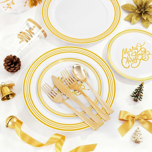 Vista 5 de LIYH 150Pcs Christmas Disposable Plastic Dinnerware Set, White Plates with Gold Line Printed, MERRY CHRISTMAS Pattern, Golden Cutlery, 9oz