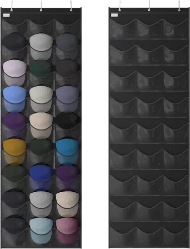 Vista 8 de Estante para gorras de béisbol, organizador de 24 bolsillos para colgar en la puerta con bolsillos profundos transparentes para mostrar la colección
