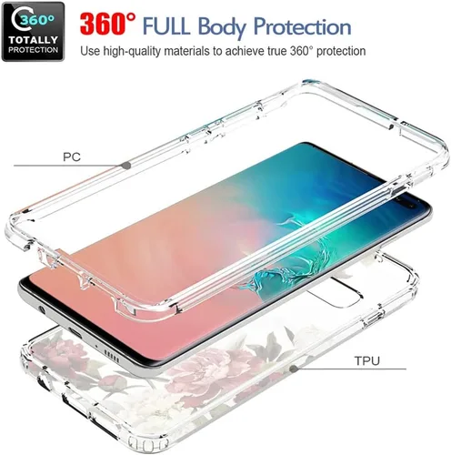Vista 3 de Funda para Samsung Galaxy S10 Plus, Samsung S10+ SM-G975U con protector de pantalla de vidrio templado, bonito patrón floral transparente, funda