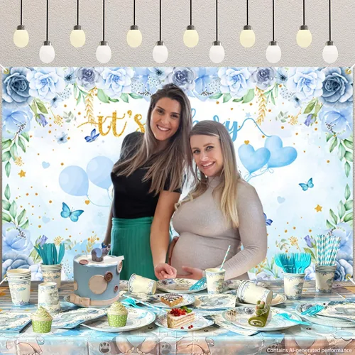Vista 4 de Decoraciones de elefante para baby shower para niño, 224 piezas de suministros azules para baby shower (20 invitados), incluye plato de papel