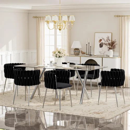 Vista 11 de Glam Style - Juego de 5 mesas de comedor para 4, mesa de comedor rectangular de vidrio templado de 71 pulgadas con base de metal dorado, sillas