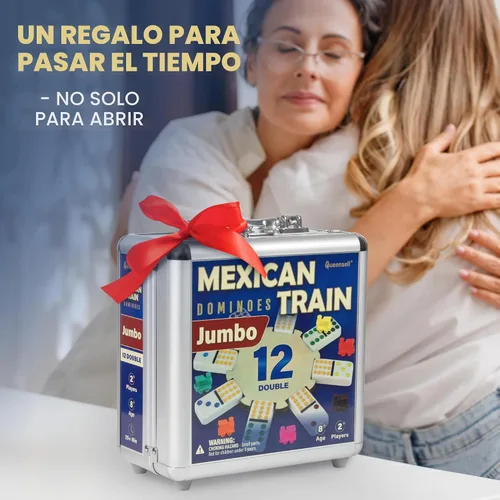Vista 5 de Queensell Juego de dominó de tren mexicano doble 12 – Juego de dominó jumbo para adultos, 91 azulejos con puntos coloridos, cubo de madera, tren