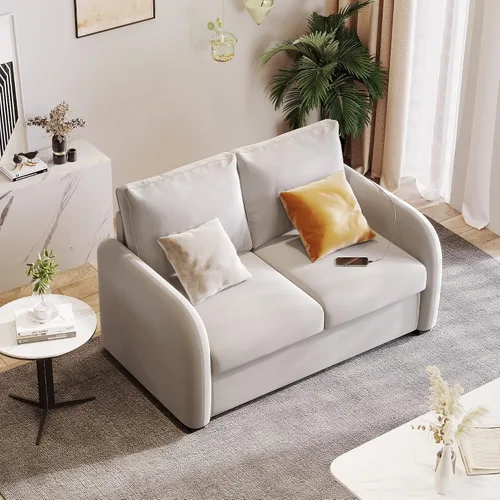 Vista 7 de Sofá cama extraíble, sofá biplaza 2 en 1 con colchón de espuma plegable, sofá cama extraíble de terciopelo con puerto de carga USB y enchufe de 3