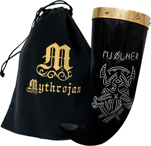 Vista 29 de Mythrojan Cuerno vikingo para beber 100% natural, auténtico, decoración de latón, cuerno nórdico con funda de cuero negro, bolsa de lona para vino