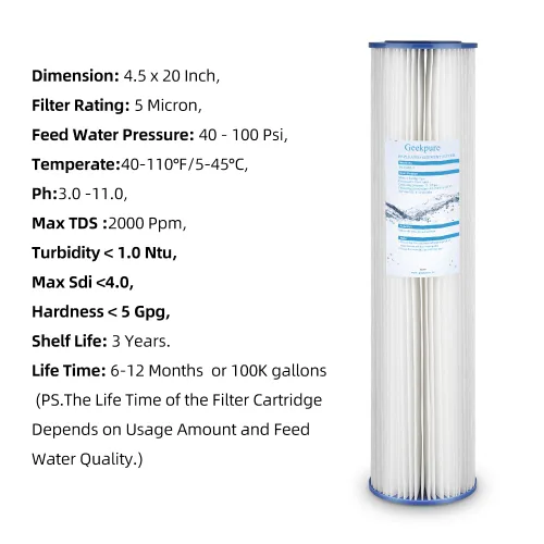 Vista 7 de Geekpure Sistema de filtro de agua de una sola etapa para toda la casa con carcasa transparente de 20 pulgadas-puerto de 3/4 con 4 filtros plisados