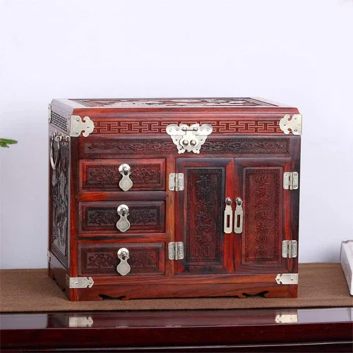 Vista 4 de INKTUS Joyero, caja de anillos de madera, caja de almacenamiento de joyería antigua, joyería hecha a mano, gran capacidad, decoración de vestidor