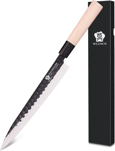 Vista 11 de WILDMOK GYUTO - Juego de 4 cuchillos de chef de sushi Yanagiba-Deba-Nakiri-Utilidad, cuchillos de fileteado de pescado con hoja de acero alemán