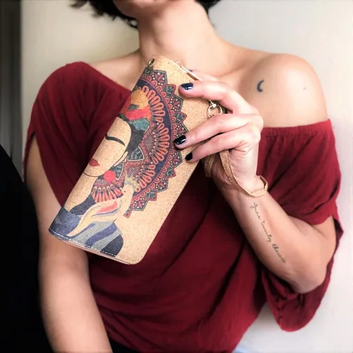 Vista 2 de Soul Living Creations Frida Kahlo Cork Vegan Wristlet Wallet Mexican Art Design