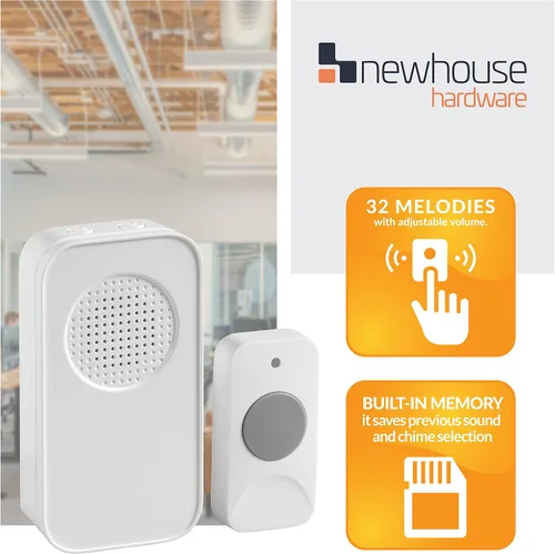 Vista 3 de Newhouse Hardware WCMB - Kit de timbre inalámbrico con batería blanca Timbre de puerta funciona con pilas, timbre de timbre para aula, hogar