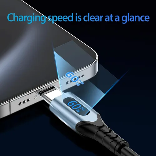 Vista 3 de Cable USB C a USB C en espiral de 4.5 pies, cable de carga tipo C a tipo C con pantalla LED retráctil de 60 W, cable de carga rápida para automóvil