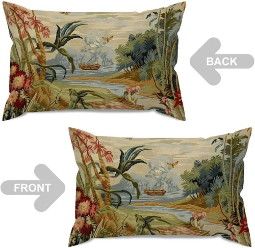 Vista 4 de ArogGeld Funda de cojín lumbar asiática de estilo chinoiserie, de lino marrón, pájaro y flor, funda de almohada asiática para sala de estar, A-6